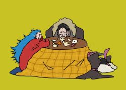 3boys black_hair blue_hair buggy_the_clown coat commentary crocodile_(one_piece) dracule_mihawk dvwbz1109 fur-trimmed_coat fur_trim green_background hair_slicked_back hat_feather kotatsu long_hair lying male_focus multiple_boys on_side one_piece red_nose simple_background stitched_face stitches table under_kotatsu under_table