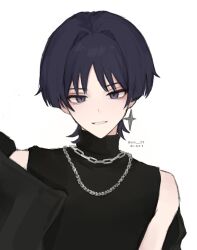 Rule 34 | 1boy, black shirt, blunt ends, chain, chain necklace, earrings, eyeliner, eyeshadow, genshin impact, hair intakes, highres, jewelry, looking at viewer, makeup, male focus, necklace, parted lips, purple eyes, red eyeliner, red eyeshadow, scaramouche (genshin impact), shirt, sleeveless, sleeveless shirt, slit pupils, solo, star (symbol), star earrings, straight-on, tsurime, turtleneck, turtleneck shirt, white background, white mouth, wispy bangs, yuii 03