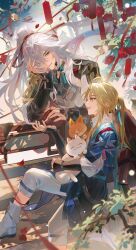 2boys :3 absurdres against_railing animal ankle_boots arm_support armor bell black_bridal_gauntlets blonde_hair blue_ribbon blue_robe boots bridal_gauntlets cat grey_hair guilingshy hair_between_eyes hair_over_one_eye hair_ribbon hand_on_own_face high_ponytail highres holding holding_animal holding_cat honkai:_star_rail honkai_(series) jing_yuan jingle_bell layered_sleeves light_smile long_hair looking_at_another male_focus mole mole_under_eye multiple_boys multiple_cats orange_cat pants parted_bangs pauldrons ponytail railing red_pants ribbon robe shirt shoulder_armor sidelocks single_pauldron sitting tassel vambraces white_boots white_cat white_pants white_shirt yanqing_(honkai:_star_rail) yaoi yellow_eyes