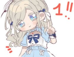 1girl blue_bow blue_bowtie blue_eyes blue_shrug blue_skirt blush bow bowtie ceras_yanagida_lilienfeld closed_mouth col_person collarbone commentary countdown deformed english_commentary finger_counting grey_hair index_finger_raised light_smile link!_like!_love_live! looking_at_viewer love_live! notice_lines official_alternate_costume shirt simple_background skirt solo virtual_youtuber white_background white_shirt