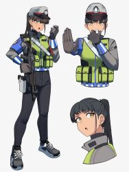 Rule 34 | 1girl, :o, absurdres, black hair, black pants, black shoes, black socks, brown gloves, commentary, earrings, english commentary, gar32, gloves, grey background, grey shirt, gun, highres, holding, holding gun, holding weapon, jewelry, long hair, long sleeves, multiple views, open mouth, original, pants, police, ponytail, shirt, shoes, simple background, socks, stud earrings, walkie-talkie, weapon, weapon request, whistle, yellow eyes