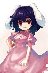 1girl animal_ears black_hair carrot_necklace dress highres inaba_tewi jewelry looking_at_viewer medium_hair necklace pink_dress plusplushm puffy_short_sleeves puffy_sleeves rabbit_ears red_eyes short_sleeves solo touhou