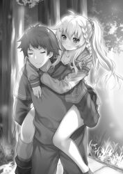 1boy 1girl 9-nine- ahoge amatsuji black_hair blush braid brother_and_sister butterfly_hair_ornament carrying casual closed_eyes closed_mouth collarbone cowboy_shot eyelashes feet_out_of_frame floating_hair grey_hair greyscale hair_between_eyes hair_ornament hair_ribbon hair_scrunchie highres hug hug_from_behind jewelry long_hair looking_at_another monochrome necklace niimi_kakeru niimi_sora non-web_source official_alternate_costume outdoors parted_lips piggyback ribbon scrunchie short_hair siblings side_ponytail sidelocks single_braid sleeves_past_wrists smile spiked_hair star_(symbol) star_print tree