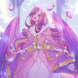 1girl absurdres breasts cleavage colored_skin commentary dress earrings feathers gem heart highres horns jewelry lips long_hair looking_at_viewer luverihu multicolored_hair my_little_pony my_little_pony:_friendship_is_magic necklace personification pink_dress pink_hair pink_skin princess princess_cadance purple_hair single_horn smile solo sparkle unicorn_horn very_long_hair wings