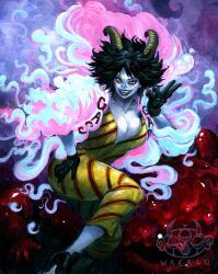 Rule 34 | 1girl, acid, akuma no mi, albino, artist logo, ass, black hair, boots, breasts, caesar clown, female focus, gas, gasu gasu no mi, genderswap, genderswap (mtf), gloves, highres, horns, huge ass, lab coat, large breasts, logo, one piece, pale skin, scientist, short hair, smile, solo, swimsuit, thick thighs, thighs, wafalo, yellow eyes