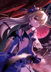 Rule 34 | 1girl, absurdres, back, bare shoulders, bat ornament, black feathers, blonde hair, breasts, detached sleeves, dress, eyepatch, falling feathers, feathers, fischl (ein immernachtstraum) (genshin impact), fischl (genshin impact), frills, genshin impact, hair over one eye, hair ribbon, highres, jewelry, large breasts, long hair, long sleeves, looking at viewer, moon, night, official alternate costume, purple dress, purple sleeves, red eyes, red moon, ribbon, sazanka, smile, solo, tiara