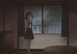 1girl arms_behind_back beret black_ribbon black_skirt brown_eyes brown_hair chest_of_drawers closed_mouth collared_shirt commentary_request curtains expressionless flower ghost hair_rings hat hat_flower hat_ribbon hatoba_tsugu highres indoors long_sleeves looking_at_viewer mootie neck_ribbon no_shoes pantyhose railing ribbon rose shirt shirt_tucked_in short_hair single_hair_ring skirt solo standing suspender_skirt suspenders table tatami tree tsugu_(vtuber) vignetting white_flower white_pantyhose white_rose window