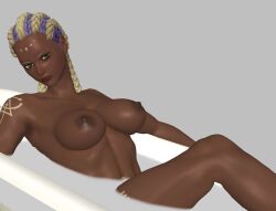 1girl bath bathtub bodypaint braid braided_ponytail breasts dark-skinned_female dark_skin dolores_(kof) green_eyes huge_breasts large_breasts long_hair looking_at_viewer milk multicolored_hair nipples purple_hair purrbomb42 the_king_of_fighters thick_lips thighs two-tone_hair white_hair
