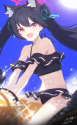 Rule 34 | 1girl, absurdres, animal ear fluff, animal ears, bikini, bikini skirt, black bikini, black hair, blue archive, blue ribbon, cat ears, cat girl, fang, frilled skirt, frills, hair between eyes, hair ornament, hair ribbon, hairclip, halo, hayate (1034853996), highres, long hair, looking at viewer, navel, open mouth, red eyes, red halo, ribbon, serika (blue archive), serika (swimsuit) (blue archive), sidelocks, skirt, solo, stomach, swimsuit, twintails, very long hair, wet