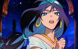 1girl ado_(utaite) aladdin_(movie) aqua_hairband blue_eyes blue_hair chando_(ado) commentary_request cosplay earrings hairband highres jasmine_(disney) jasmine_(disney)_(cosplay) jewelry long_hair mole mole_under_eye night off_shoulder open_mouth riseno sky solo star_(sky) starry_sky teeth tower upper_teeth_only utaite