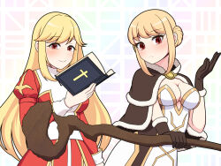 2girls blonde_hair blush book breasts brown_cape brown_dress brown_gloves cape cleavage closed_mouth commentary_request cowboy_shot cross double_bun dress expressionless fur-trimmed_cape fur-trimmed_gloves fur_trim gloves hair_bun high_priest_(ragnarok_online) high_wizard_(ragnarok_online) highres holding holding_book holding_staff juliet_sleeves kathryne_keyron long_hair long_sleeves looking_at_viewer margaretha_sorin medium_breasts multiple_girls ochindori puffy_sleeves ragnarok_online red_dress red_eyes sash short_hair sidelocks smile staff swept_bangs two-tone_dress white_background white_dress white_sash