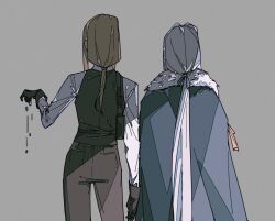 Rule 34 | 2girls, black gloves, black vest, blonde hair, blue ribbon, brown pants, cape, chinese commentary, collared shirt, commentary request, cowboy shot, dikke, from behind, fur-trimmed cape, fur trim, gloves, grey background, grey hair, hair ribbon, holster, ligne claire, long hair, long sleeves, multiple girls, pants, ponytail, reverse:1999, ribbon, shirt, shoulder holster, simple background, tennant (reverse:1999), very long hair, vest, white shirt, zhizhizi