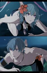 1boy 1girl adapted_costume air_bubble alternate_costume amikoiiko aqua_hair armlet ass bikini black_bikini black_male_swimwear black_shorts breasts bubble cleavage collarbone commentary_request facing_to_the_side female_byleth_(fire_emblem) female_byleth_(summer)_(fire_emblem) fingernails fire_emblem fire_emblem:_three_houses fire_emblem_heroes flower full_body hair_between_eyes hair_flower hair_ornament hibiscus highres jewelry large_breasts lower_teeth_only male_byleth_(fire_emblem) male_swimwear medium_hair necklace nintendo official_alternate_costume purple_eyes red_flower seaweed short_hair shorts sideboob sternocleidomastoid_muscle swim_trunks swimsuit tassel tassel_necklace teeth tokyo_jihen translation_request underwater