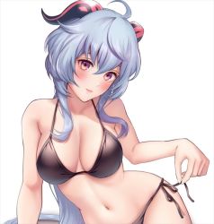 Rule 34 | 1girl, ahoge, alternate costume, bikini, black bikini, blue hair, blush, breasts, cleavage, closed mouth, commentary, cowboy shot, edogawa roman, eyelashes, ganyu (genshin impact), genshin impact, goat horns, hair between eyes, horns, light blue hair, lips, long hair, looking at viewer, medium breasts, multicolored eyes, navel, purple eyes, side-tie bikini bottom, sidelocks, simple background, smile, solo, stomach, string bikini, swimsuit, white background, yellow eyes