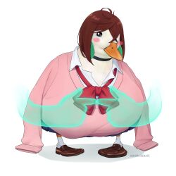 animalization ayase_momo bird black_choker blush_stickers bow bowtie brown_hair brown_shoes choker collared_shirt commission dandadan dismaiden duck highres pink_sweater red_bow red_bowtie second-party_source shirt shoes socks solo sweater white_shirt white_socks