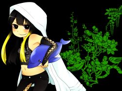 1girl bare_shoulders black_eyes black_hair black_pants black_sleeves blush breasts bright_pupils child coat coat_on_head commentary_request cross-laced_clothes cross-laced_legwear cross-laced_sleeves feet_out_of_frame from_side grey_tank_top holding holding_stuffed_toy i.u.y kuroyoru_umidori lace-up lace-up_legwear lace-up_sleeves long_hair long_sleeves looking_at_viewer midriff multicolored_hair navel open_clothes open_coat pants small_breasts smile solo stomach stuffed_animal stuffed_dolphin stuffed_toy tank_top toaru_majutsu_no_index toaru_majutsu_no_index:_new_testament white_coat white_pupils
