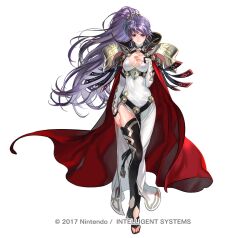 1girl alternate_costume armor belt black_boots boots breasts cape cleavage closed_mouth copyright_notice criss-cross_halter dress earrings fire_emblem fire_emblem:_genealogy_of_the_holy_war fire_emblem_heroes full_body gold_trim hair_ornament halterneck hand_on_own_chest hand_up ishtar_(fire_emblem) ishtar_(resplendent)_(fire_emblem) jewelry lips long_dress long_hair long_sleeves looking_at_viewer medium_breasts nintendo official_art open-toe_boots ponytail purple_eyes purple_hair red_cape shiny_skin shoulder_armor side_slit simple_background solo suzuki_rika thigh_boots thighhighs thighs toes very_long_hair white_background white_dress