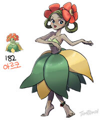 1girl barefoot bellossom blush bra bright_pupils commentary dancing eyelashes flower full_body gen_2_pokemon green_bra green_skirt hair_flower hair_ornament hair_rings hula navel nintendo open_mouth personification pokemon pokemon_(creature) red_flower reference_inset signature simple_background skirt tamtamdi translated underwear white_background white_pupils