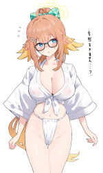 1girl absurdres ahoge alternate_costume alternate_hairstyle black-framed_eyewear blonde_hair blue_archive blue_eyes blush bow breasts cleavage collarbone covered_erect_nipples feather_hair female_pubic_hair fundoshi glasses green_bow hair_bow hair_ornament hairclip halo highres japanese_clothes large_breasts long_hair long_sleeves looking_at_viewer mizu_happi multicolored_hair navel open_mouth orange_hair plaid_bow ponytail pubic_hair pubic_hair_peek see-through_clothes shimiko_(blue_archive) shirt sidelocks simple_background solo sweat tansui_san_(tcjp4784) thighs tied_shirt translation_request very_long_hair white_background white_shirt wide_sleeves yellow_halo