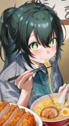 1girl absurdres antenna_hair blush chinese_spoon chopsticks coat eating food gakuen_idolmaster green_eyes green_hair green_shirt grey_coat highres holding holding_chopsticks idolmaster indoors issa_(itcha_178) katsu_(food) long_hair looking_at_viewer noodles ponytail ramen shirt solo steam tsukimura_temari upper_body