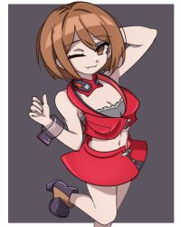 1girl absurdres arm_behind_head boots border breasts brown_eyes brown_hair cleavage commentary crop_top fang fang_out ghuler high_heels highres looking_at_viewer meiko_(vocaloid) meiko_(vocaloid3) midriff miniskirt navel one_eye_closed see-through_clothes see-through_wrist_cuffs shirt short_hair skin_fang skirt sleeveless sleeveless_shirt smile solo standing standing_on_one_leg vocaloid white_border wrist_cuffs