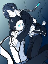 2boys aqua_eyes arms_around_neck arms_around_waist belt belt_buckle buckle closed_mouth collared_shirt commentary_request digital_media_player feet_out_of_frame gekkoukan_high_school_uniform hair_behind_ear hair_slicked_back headphones highres hug jacket layered_sleeves long_sleeves looking_at_viewer male_focus mochizuki_ryouji multiple_boys muted_color mutual_hug pants parted_bangs persona persona_3 scarf school_uniform shirt shirt_tucked_in spot_color suit_jacket suspenders suu_akausagi watermark wing_collar yuuki_makoto_(persona_3)