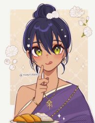 Rule 34 | :q, artist name, border, bracelet, chicken (food), commentary request, earrings, flower, food, gundam, gundam gquuuuuux, hair bun, jewelry, khao man gai, licking lips, long hair, looking at viewer, necklace, nyaan (gundam gquuuuuux), plate, purple hair, reversiblekiss, rice, single hair bun, smile, sparkle, thai clothes, thai commentary, tongue, tongue out, twitter username, updo, upper body, white border, yellow background, yellow eyes