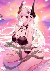 1girl absurdres aoi_tooru arknights beach bikini black_bikini black_horns breasts cleavage cloud cloudy_sky collarbone commentary_request demon_girl demon_horns falling_petals flower hair_flower hair_ornament hand_on_own_thigh highres horizon horns infection_monitor_(arknights) large_breasts looking_at_viewer material_growth mudrock_(arknights) mudrock_(silent_night)_(arknights) multicolored_sky ocean official_alternate_costume orange_sky oripathy_lesion_(arknights) outdoors petals pink_petals pink_sky red_eyes red_flower seiza sitting sky solo sunset swimsuit thighs white_flower