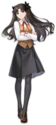 1girl aqua_eyes black_hair black_pantyhose black_skirt brown_shoes closed_mouth collared_shirt crossed_arms expressionless fate/stay_night fate_(series) floating_hair full_body heaven&#039;s_feel highres homurabara_academy_school_uniform loafers long_hair long_skirt long_sleeves looking_at_viewer mahjong_soul neck_ribbon official_art pantyhose red_ribbon ribbon school_uniform shirt shoes skirt solo standing tohsaka_rin transparent_background white_shirt