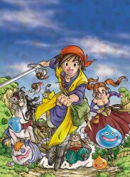 Rule 34 | 2girls, 3boys, 6+others, :d, adversarial noise, bandana, black eyes, blue shirt, blue sky, breasts, brown eyes, brown hair, carriage, cleavage, clenched teeth, colored skin, commentary request, creature request, dragon quest, dragon quest viii, floating clothes, floating hair, fur vest, grass, green eyes, green pants, green skin, hair tubes, hero (dq8), highres, holding, holding sword, holding weapon, horse, jailcat, jessica albert, looking at viewer, medea (dq8), medea (horse) (dq8), metal hair tubes, mouse (animal), multiple boys, multiple girls, multiple others, munchie (dq8), murakami yumiko, off-shoulder shirt, off shoulder, on grass, open mouth, orange bandana, orange hair, outdoors, pants, purple shirt, red sash, red skirt, running, sash, sharp teeth, she-slime, shirt, short hair, skirt, sky, slime (dragon quest), smile, spiked helmet, sword, teeth, tongue, tongue out, toriyama akira (style), trode, twintails, weapon, whip, yangus, yellow corset