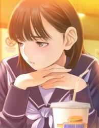1girl anegasaki_nene backlighting blue_sailor_collar brown_eyes brown_hair ceiling ceiling_light cup disposable_cup drinking_straw evening fast_food furrowed_brow half-closed_eyes hand_on_own_cheek hand_on_own_chin hand_on_own_face head_rest highres indoors long_sleeves looking_to_the_side love_plus medium_hair neckerchief official_art own_hands_together parted_lips poster_(object) raised_inner_eyebrows sailor_collar school_uniform serafuku solo white_neckerchief winter_uniform