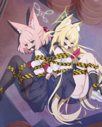 animal_ears bdsm black_pantyhose blonde_hair blue_archive blue_eyes blue_halo blue_sailor_collar blue_skirt bondage bound explosive fox_ears green_halo grenade halo hamuta_(machosbrown) highres kurumi_(blue_archive) long_hair looking_at_viewer niko_(blue_archive) panties pantyhose pink_hair sailor_collar school_uniform serafuku shibari shirt skirt tied_up_(nonsexual) underwear white_panties white_shirt