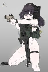1girl assault_rifle bottomless closed_mouth commentary_request convenient_censoring ear_protection glasses gradient_background grey_background gun handgun highres holding holding_gun holding_weapon korean_commentary load_bearing_vest long_hair naked_vest original purple_hair rifle samsick shell_casing skindentation solo sweat sweatdrop thigh_strap vest watch weapon weapon_request wristwatch