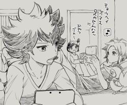 1girl 2boys absurdres brother_and_sister collarbone gen_5_pokemon greyscale handheld_game_console highres holding holding_handheld_game_console hugh&#039;s_sister_(pokemon) hugh_(pokemon) indoors lying monochrome multiple_boys musical_note nate_(pokemon) nintendo open_mouth pokemon pokemon_(creature) pokemon_bw2 siblings snivy spoken_musical_note translation_request yo_mo
