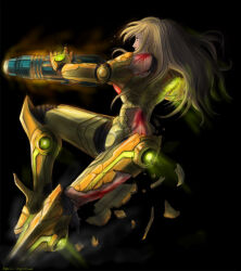 1girl arm_cannon armor black_background blonde_hair blood broken_armor commentary damaged dated eugene foot_out_of_frame from_side glowing helmet long_hair metroid neon_trim nintendo no_headwear orange_armor power_armor power_suit_(metroid) powering_up samus_aran science_fiction signature simple_background solo varia_suit weapon