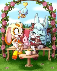2girls animal_ears anya_the_rabbit blue_fur blue_hair blue_sky brown_dress brown_eyes brown_shoes chao_(sonic) cream_the_rabbit cup day dress flower furry furry_female gloves grass heart highres holding holding_cup magicbun multiple_girls open_mouth orange_dress orange_shoes original outdoors pantyhose pink_flower pink_rose rabbit_ears rabbit_girl rose shoes sitting sky sonic_(series) teacup teapot white_gloves white_pantyhose
