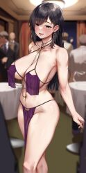 1girl absurdres areola_slip barbell_piercing bare_shoulders blue_eyes blurry blurry_background blush body_jewelry breast_curtain breasts center_opening cleavage commentary_request covered_erect_nipples covered_piercing cowl_neck curtains dress earrings evening_gown female_pubic_hair formal_clothes highres hoop_earrings indoors jack_dempa jewelry large_breasts large_variant_set linked_piercing long_hair looking_at_viewer miyamae_shiho_(jack_dempa) mole mole_on_arm mole_on_breast mole_under_eye multiple_boys multiple_moles navel_piercing o-ring open_mouth original parted_bangs pelvic_curtain piercing plunging_neckline pubic_hair pubic_hair_peek purple_veil revealing_clothes smile solo_focus standing suit table thighs variant_set veil