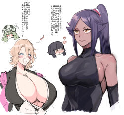 4girls arrancar bare_shoulders bleach bleach:_sennen_kessen-hen blush breasts chain chain_necklace cleavage closed_eyes dark-skinned_female dark_skin eyelashes female_focus green_hair huge_breasts japanese_clothes japanese_text jewelry kimono large_breasts long_hair matsumoto_rangiku mayana_(bbpp) multiple_girls necklace nelliel_tu_odelschwanck open_mouth pink_shawl purple_hair shawl shihakusho shihouin_yoruichi sideboob skull smile sui-feng translation_request yellow_eyes