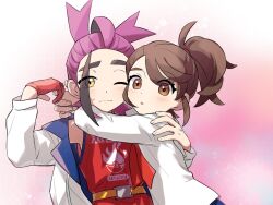 1boy 1girl black_hair blush brown_eyes brown_hair closed_mouth commentary gloves hetero hug jacket juliana_(pokemon) kieran_(pokemon) long_sleeves looking_at_viewer multicolored_hair nekoniko777 nintendo one_eye_closed open_clothes open_jacket parted_lips partially_fingerless_gloves poke_ball_print pokemon pokemon_sv purple_hair red_gloves red_tank_top side_ponytail simple_background single_glove smile sweat tank_top upper_body white_jacket yellow_eyes