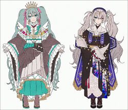 25-ji_miku 2girls adapted_costume black_dress black_shoes blue_eyes blue_nails blue_skirt brown_pantyhose closed_mouth colorful_festival_(project_sekai) dress fringe_trim green_hair grey_background grey_hair grey_kimono hair_over_one_eye hakusai_(tiahszld) hatsune_miku heterochromia highres japanese_clothes kimono long_hair long_sleeves multiple_girls nail_polish pantyhose pleated_skirt project_sekai purple_eyes revision shoes simple_background skirt sleeves_past_wrists standing twintails very_long_hair vocaloid wide_sleeves