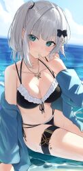 1girl :3 absurdres bare_shoulders bikini black_bikini blue_eyes blue_jacket blue_nails blurry blurry_background bow breasts cleavage closed_mouth collarbone cross_hair_ornament day finger_to_mouth frilled_bikini frills front-tie_bikini_top front-tie_top hair_bow hair_ornament highres jacket jewelry kaga_sumire large_breasts looking_at_viewer medium_hair mole mole_on_chest mole_under_eye multi-strapped_bikini_bottom multi-strapped_bikini_top nail_polish navel necklace ocean off_shoulder one_side_up open_clothes open_jacket outdoors pinky_out ronununn side-tie_bikini_bottom sitting smile solo stomach string_bikini sunlight swimsuit thigh_strap thighs virtual_youtuber vspo! white_hair
