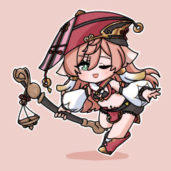 1girl ;d bare_shoulders black_boots black_shorts boots breasts brown_background brown_hair detached_sleeves genshin_impact green_eyes hair_between_eyes hat highres holding long_hair long_sleeves looking_at_viewer mokkyo_(motkyo) one_eye_closed open_mouth outline puffy_long_sleeves puffy_shorts puffy_sleeves red_boots red_hat shadow shorts simple_background small_breasts smile solo very_long_hair white_outline white_sleeves yanfei_(genshin_impact)