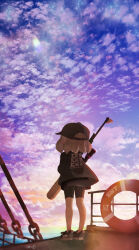 1girl anon1um baseball_cap bike_shorts black_hat black_jacket black_shorts blue_sky cloud cloudy_sky commentary_request from_behind full_body hat highres holding holding_weapon horizon inkling inkling_girl inkling_player_character innertube jacket medium_hair nintendo print_jacket shoes shorts signature sky solo splat_charger_(splatoon) splatoon_(series) splatoon_3 standing swim_ring tentacle_hair weapon