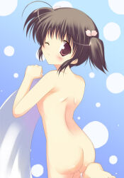 Rule 34 | 1girl, 2000s (style), ;), arched back, ass, bad id, black hair, blush, closed mouth, completely nude, gradient background, kisaki yuu, leg up, looking at viewer, median furrow, nude, one eye closed, pink eyes, polka dot, polka dot background, short hair, short twintails, shoulder blades, smile, solo, to heart (series), to heart 2, twintails, yuzuhara konomi