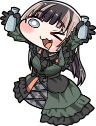 1girl ;d black_gloves black_hair blue_eyes blush breasts brown_hair chibi choko_(cup) cup dress drooling fang gloves hololive hololive_dev_is juufuutei_raden juufuutei_raden_(1st_costume) komainu_channel multicolored_hair one_eye_closed open_mouth smile solo tokkuri transparent_background two-tone_hair virtual_youtuber