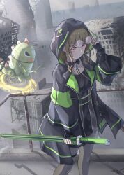Rule 34 | 1girl, absurdres, black coat, black pantyhose, black shirt, black skirt, blunt bangs, brown hair, citrusmikan, closed mouth, coat, collared shirt, commentary, feet out of frame, fishnet top, fishnets, glasses, gonzales (love live!), high-waist skirt, highres, holding, holding sword, holding weapon, hood, hood up, hooded coat, i my mayday, kachimachi kosuzu, link! like! love live!, looking at viewer, love live!, low twintails, magic circle, medium hair, miniskirt, non-humanoid robot, official alternate costume, open clothes, open coat, outdoors, pantyhose, pink eyes, post-apocalypse, robot, robot animal, round eyewear, shirt, short twintails, sidelocks, skirt, solo, standing, sword, twintails, virtual youtuber, weapon