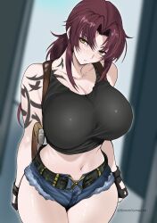 1girl absurdres alternate_breast_size arm_tattoo belt black_belt black_gloves black_lagoon black_tank_top blurry blurry_background breasts brown_hair cleavage collarbone cowboy_shot crop_top curvy cutoffs denim denim_shorts doorway fingerless_gloves gloves gun hair_intakes harutoyumaarts highres holster huge_breasts looking_at_viewer low_ponytail micro_shorts midriff navel ponytail revy_(black_lagoon) shorts shoulder_tattoo sidelocks solo stomach tank_top tattoo thighs weapon yellow_eyes