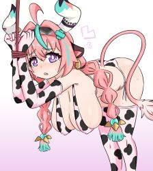 1girl animal_costume animal_ears armpits ass bell blue_hair blush breasts censored_nipples cow_costume cow_ears cow_girl cow_horns cow_tail cowbell doggy_style_(stand) female_focus genshin_impact horns jua large_breasts legs long_hair looking_at_viewer multicolored_hair nipples open_mouth panties pink_hair purple_eyes solo standing sweat tail tears thighhighs underwear varesa_(genshin_impact) wet