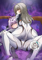 Rule 34 | 2girls, absurdres, alternate costume, artist name, blush, bodysuit, bow, breasts, bug, butterfly, castorice (honkai: star rail), chain, commentary request, cosplay, cuffs, dasoin, dated, firefly (ar-26710) (honkai: star rail), firefly (honkai: star rail), firefly (honkai: star rail) (cosplay), flower, grabbing from behind, grey hair, hair bow, hair flower, hair ornament, highres, honkai: star rail, honkai (series), insect, korean commentary, large breasts, long hair, mixed-language commentary, multiple girls, parted lips, pointy ears, purple butterfly, purple eyes, purple hair, restrained, signature, stelle (honkai: star rail), trailblazer (honkai: star rail), very long hair, white bodysuit, white bow, yellow eyes, yuri