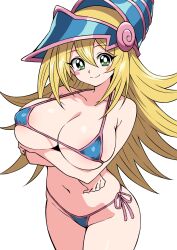 Rule 34 | 1girl, alternate breast size, arms under breasts, bare shoulders, bikini, blonde hair, blush, breasts, dark magician girl, ecgg (tsuji418477), gloves, green eyes, hat, highres, large breasts, long hair, looking at viewer, micro bikini, navel, side-tie bikini bottom, simple background, smile, solo, swimsuit, white background, white gloves, wizard hat, yu-gi-oh!